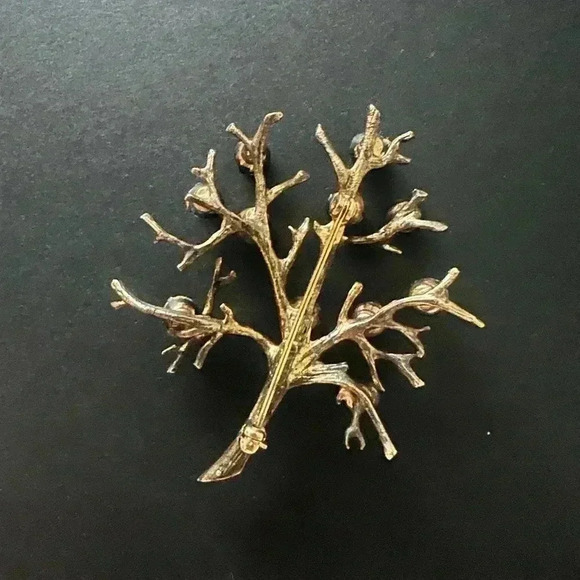 Vintage Tree of Life Family Tree Brooch Costume Golden Rhinestones - Picture 2 of 4